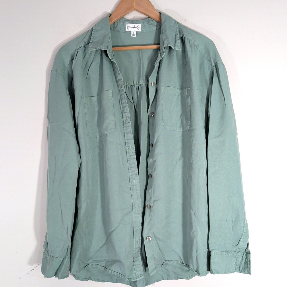 Wonderly Sage Green Button Down; Lyocell Long Sleeve Utility Shirt
